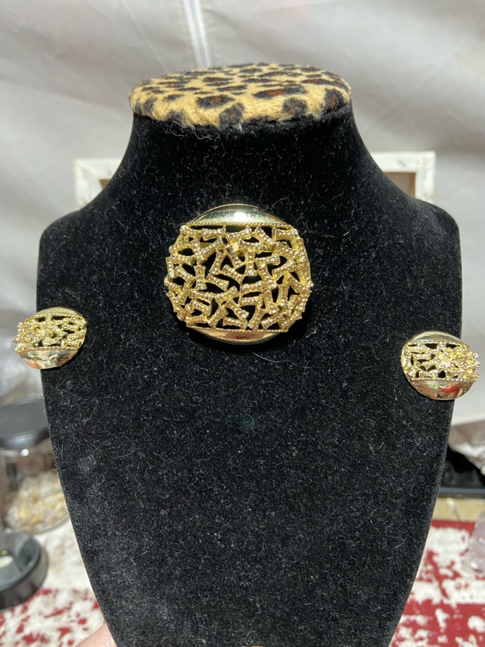Gold Tone Filigree Round Statement Brooch and Clip-On Earring Set